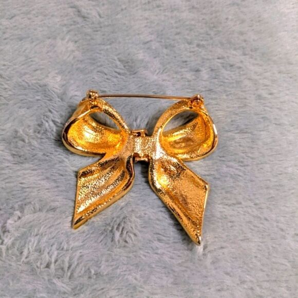 Vintage 1980's Goldtone & Rhinestones Bow Brooche - Picture 5 of 10